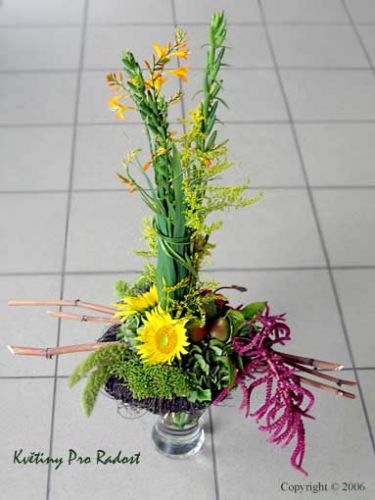 Kytice v proutěném korpusu s Crocosmií, slunečnicí, amarantusem, solidagem a doplněná plody zelených.
hrušek.